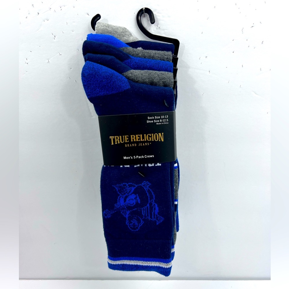 TRUE RELIGION, MENS 5 PACK CREWS SOCKS 2 HREY, 2NAVY 1 BLUE, SHOE SIZE 8-12.5